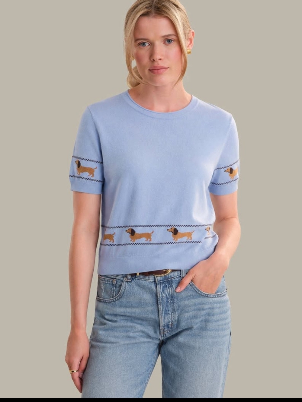 525 America Light Blue Short Sleeve Sweater Top with Dachshund Motif